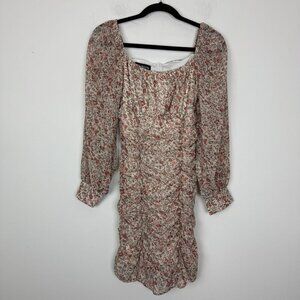 Eilly Bazar Beige Ditzy Floral Ruched Body Con Puff Sleeve Dress Size XS NWT